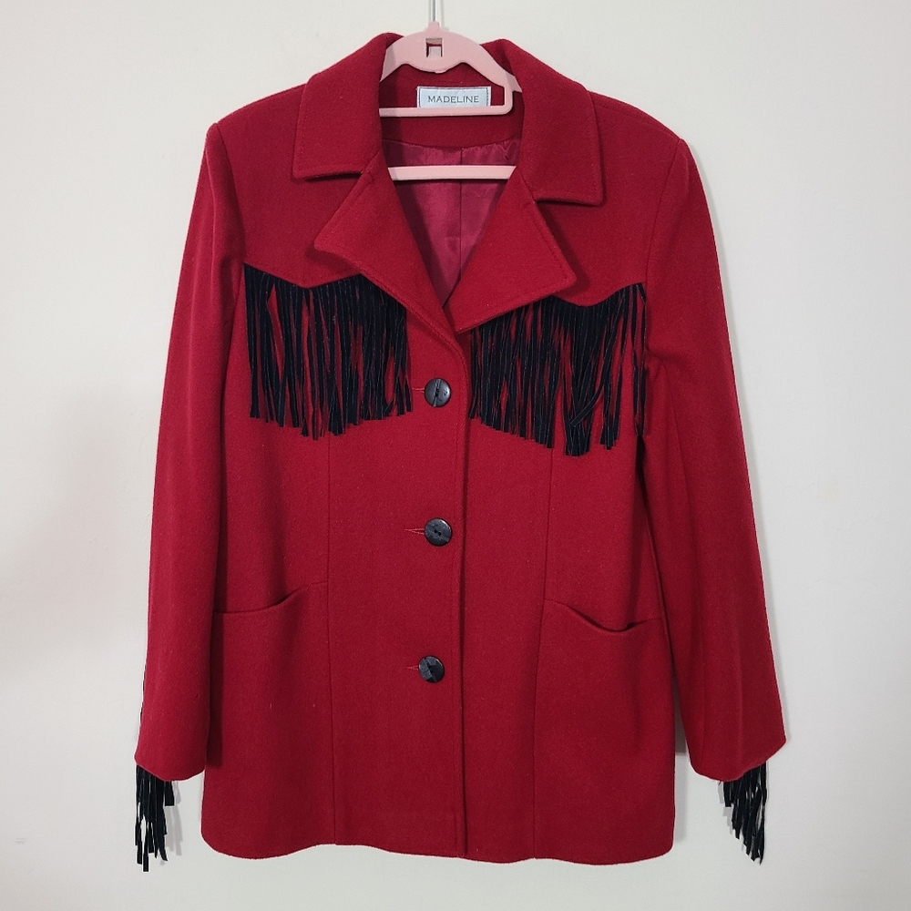 Madeline Western Women's 10 Red Wool Black Leather‎ Fringe Coat Vintage